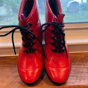 Women's Size 7 Rain Boots Land's End Vintage Waterproof Rubber Sherpa Lining Red